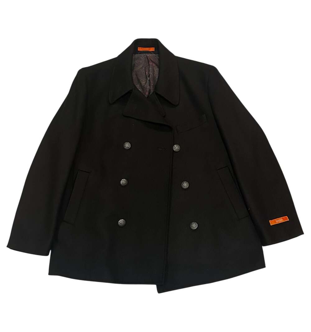 Tallia Men's Black Wool Blend Double Breasted Peacoat with Paisley Lining Sz XL